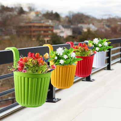 NKB Elegant Railing Hanging Pot(Multicolor) for Balcony, Pot with High Durability Plant Container Set(Pack of 4, Plastic)