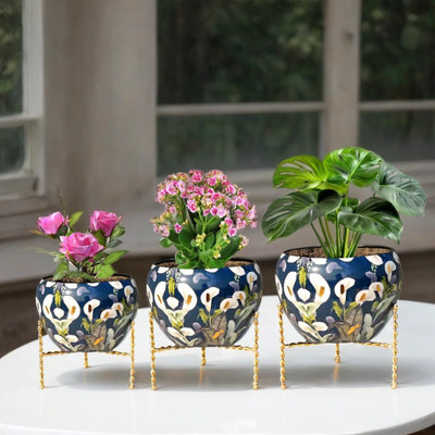 LAQA Small Apple Pot Planter Iron Floral European Design with Spiral Stand Plant Container Set(Pack of 3, Metal)