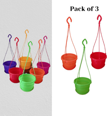 KUMUDAM Decorative Hanging Pots with Plates | 7 inch Size (3) Plant Container Set(Pack of 3, Plastic)