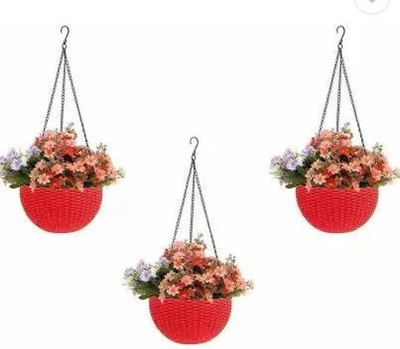 Besttrader Set of 3 Red Hanging Flower Pots with Chain | Decorative Wall Hanging Planters Plant Container Set(Pack of 3, Plastic)