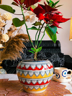 Niyara Mughal look red hand painted pot 7.5 inches Plant Container Set(Ceramic)