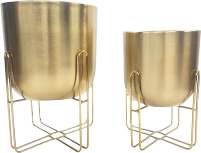 INDIAN DECORMART Modern Metal Planter with Wire Stand Set of 2 for Indoor Home Garden Plant Container Set(Pack of 2, Metal)
