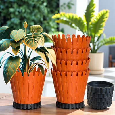 Hi-MaK Decorative Round Planter Pot with Picket Design, Orange with Black Base Plant Container Set(Pack of 5, Plastic)