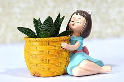HC VILLA Cute & Beautiful Fairy Girl Unique Peace With Basket Planter Pot (Blue) Plant Container Set(Poly-Resin)