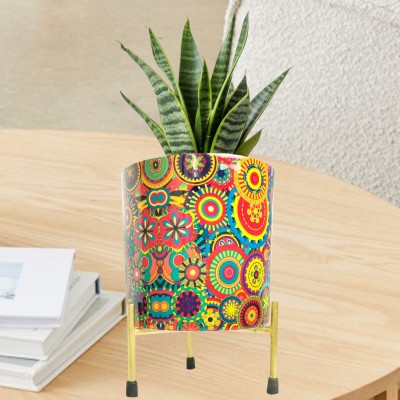 Haxola Cylindrical Geomatric Multicolor Design Printed Vase Metal Flower Pot & Planter Plant Container Set(Metal)