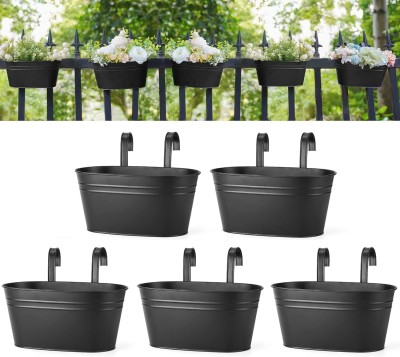 PRIME KRAFTS 5 Pcs Metal Hanging Flower Pot Iron Bucket Railing Pot for Outdoor Plants Black Plant Container Set(Metal)
