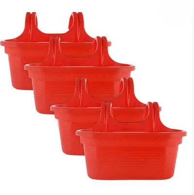 Bluevista Double Hook Plastic Hanging Planter Pot for Home & Garden|14 Inch|Red color Plant Container Set(Pack of 4, Plastic)