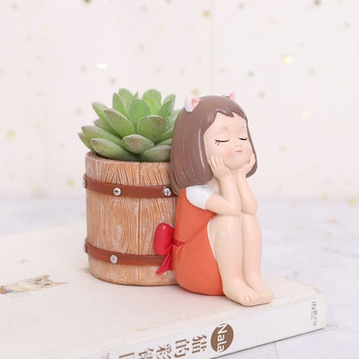 Dhruvkart Handcrafted Resin Barrel Girl Creative Succulent Flower Pots Plant Container Set(Poly-Resin)