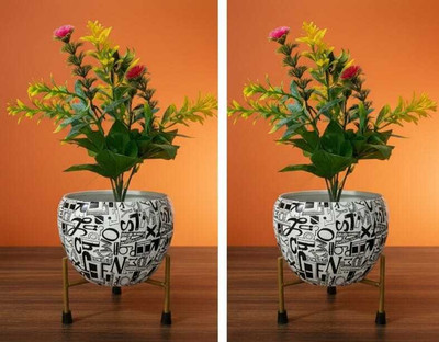 Fashionhouse Combo White Iron Flower Pot With Black Printed Design & Stand Plant Container Set(Pack of 2, Metal)