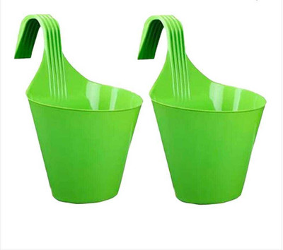 Dervino Railing Hanging Plastic Planter Pot Green Pack of 2 Plant Container Set(Plastic)