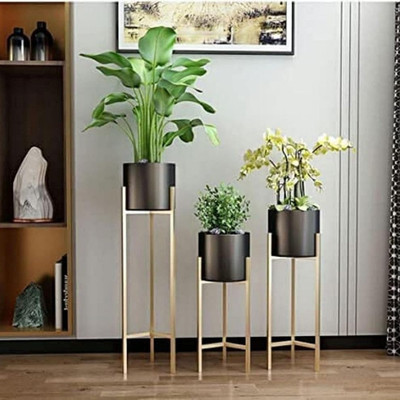 TerraTwill Metal Floor Flower Stands Planter for Living Room Bedroom Display Plant Stand Plant Container Set(Pack of 3, Metal)