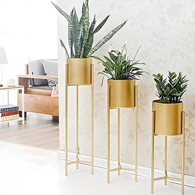 PlantDecor Flower Stands Planter for Bedroom Planter Stand -Set of 3 gold) Plant Container Set(Pack of 3, Metal)