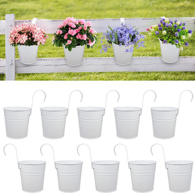 E C Creation 10Pack Balcony Garden Planters with Hanging Fence Plant Planter Detachable Hook Plant Container Set(Pack of 10, Metal)