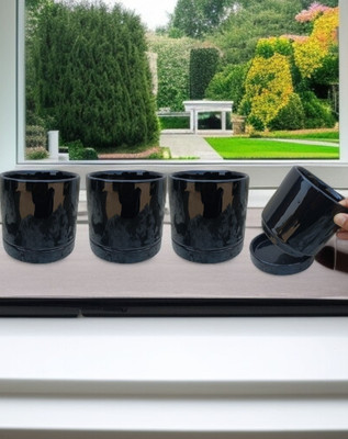 Malaikah Black Round Planter With Tray Plant Container Set(Pack of 4, Ceramic)