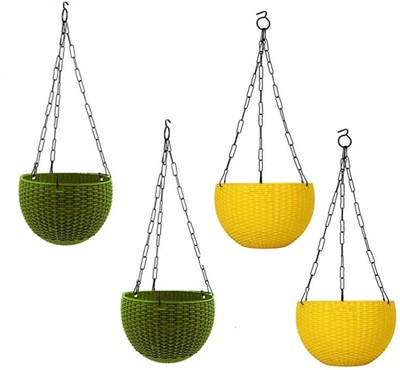 Funtastik 7” EURO POT Woven Design Indoor and Outdoor Hanging Basket (SET OF 4) Plant Container Set(Plastic)