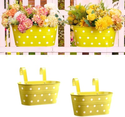 PRIME KRAFTS Polka Dot Oval Planter Flowerpot for Railing Fence Balcony and Garden Plant Container Set(Pack of 2, Metal)