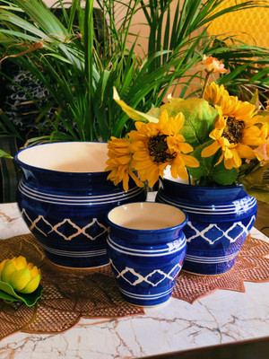Niyara ceramic handi shape shiny planters pot set of 3 colour-blue Plant Container Set(Pack of 3, Ceramic)