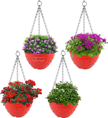 Besttrader Plastic Hanging Diamond Flower Pot with Chain for Garden|Balcony|Pack of 4|Red Plant Container Set(Pack of 4, Plastic)