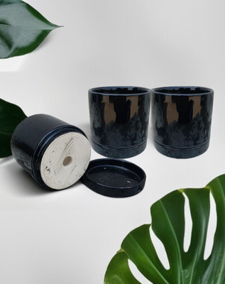 Malaikah Black Round Planter With Tray Plant Container Set(Pack of 3, Ceramic)
