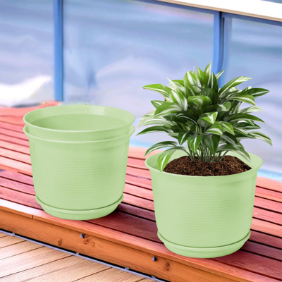 KUBER INDUSTRIES Plain Sawera Flower Pot for Home with Tray|10 Inch|Pack of 3|Light Green Plant Container Set(Pack of 3, Plastic)