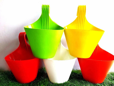 Mayank Interprises Hook Hanging Railing Pot, For Garden Balcony Decor (Set -5 Multicolour) Plant Container Set(Pack of 5, Plastic)