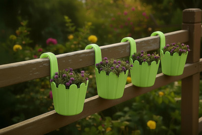 Oshi Greens Fence Hook Flower Pots For Garden Use Plant Container Set(Pack of 4, Plastic)