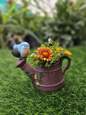 Decovings Bird on Vintage Kettle Planter – Small Resin Pot for Indoor Use & Gifting Plant Container Set(Poly-Resin)