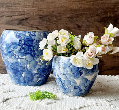Niyara Glossy Blue Combo pot Plant Container Set(Pack of 2, Ceramic)