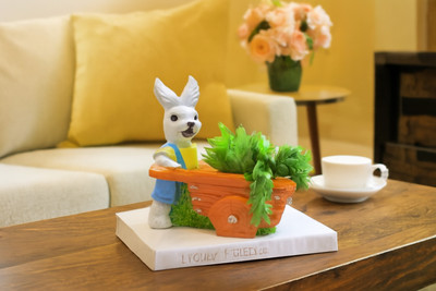 SR JAANVI COLLECTION Rabbit with Rickshaw Resin Flower Pot Plant Container Set(Poly-Resin)