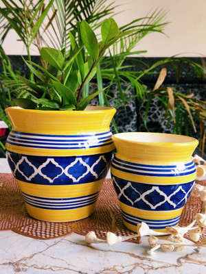 Niyara Niyara mughal printed yellow handi set of 2 Plant Container Set(Ceramic)