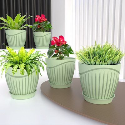 FORWAY Round Flower Pots with tray for Home & Decoration Planters, Garden Etc(Green) Plant Container Set(Pack of 5, Plastic)