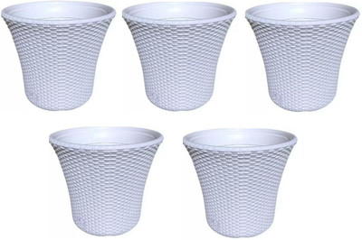 Muddstyles Helex Pot 14 Inch White Colored Pot Home Office Decor Plant Container Set(Pack of 5, Plastic)