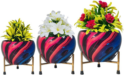 LAQA Small Apple Pot Iron Glossy Meena Work Balloon Marble Multi Set of 3 with Stand Plant Container Set(Pack of 3, Metal)
