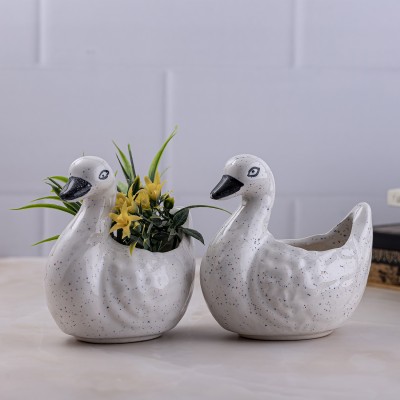 Bright Shop Bird Design (White) Ceramic Gamla For Home Planters Set, Indoor/Outdoor Vase Pot Plant Container Set(Pack of 2, Ceramic)