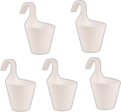 Egoram Hooked Hanging Planters for Plants Railing Flower Pots Color-WHITE Plant Container Set(Pack of 5, Plastic)
