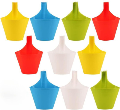 Muddstyles Home Balcony Garden Decor Hanging Hook Pot Multicolor Plant Container Set(Pack of 10, Plastic)