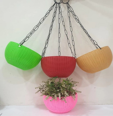 Funtastik 7” EURO POT Woven Design Indoor and Outdoor Hanging Basket (SET OF 4) Plant Container Set(Plastic)