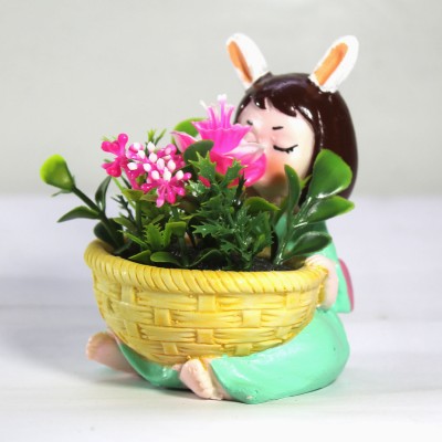 VINAMRA VINAMRA - Basket Girl shape Resin pots with artificial Plants,Green,Set of 1 Plant Container Set(Poly-Resin)