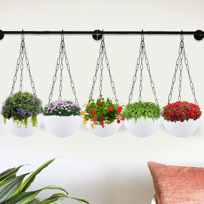 KUBER INDUSTRIES Plain Euro Hanging Flower Pot for Home & Garden|7 Inch|Pack of 5|White Plant Container Set(Pack of 5, Plastic)