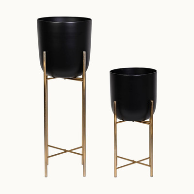 INDIAN DECORMART Metal Planter (Black Pot and Gold Stand) Plant Container Set(Pack of 2, Metal)