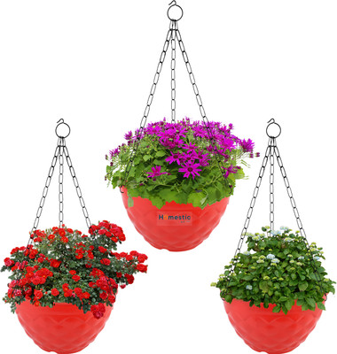 VirajSanchi Plastic Hanging Diamond Flower Pot with Chain for Garden|Balcony|Pack of 3|Red Plant Container Set(Pack of 3, Plastic)