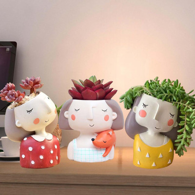 Garden Deco Imported Cute Shy Girl Resin Planters for Multi-use and Multicolor Plant Container Set(Pack of 3, Poly-Resin)