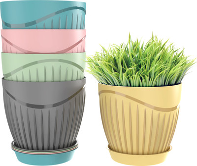 BELLERBIRD 5 Pack Round Flower Pots Outdoor Indoor Planters with Drainage Hole and Tray Plastic Vase(6.2 inch, Yellow, Grey, Pink, Blue, Green)