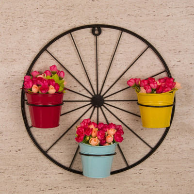 TIED RIBBONS Decorative Multicolor Metal Planter Flower Pot With Wheel Circle Stand Plant Container Set(Metal)