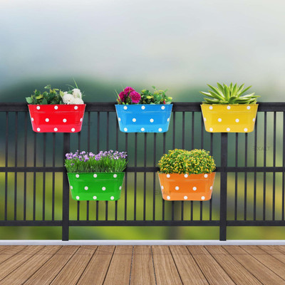 EXALT Dotted Oval Railing Planter for Balcony with Detachable Handle Plant Container Set(Pack of 5, Metal)