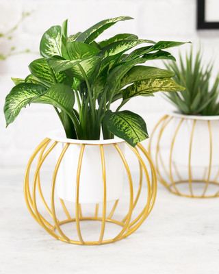 Homesake Combo of 2 Table Designer Gold Metal Stand with Planters,set of 2,Round Plant Container Set(Metal)
