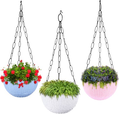 KUBER INDUSTRIES Marble Euro Hanging Flower Pot for Home|7 Inch|Pack of 3|Blue-White & Pink Plant Container Set(Pack of 3, Plastic)