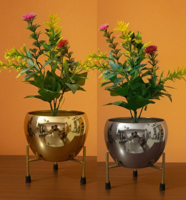 Fashionhouse Elegant Combo Silver and Gold Iron Flower Pot with Stand Plant Container Set(Pack of 2, Metal)