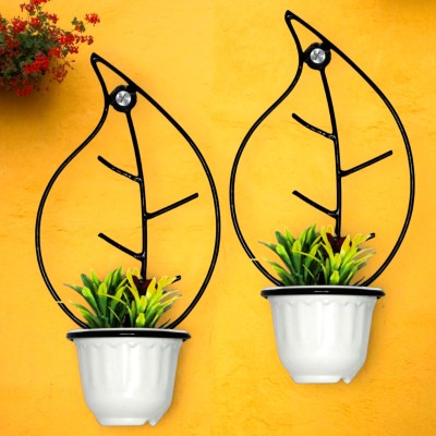 Luxurium decor Leaf-Shaped Wall Hanging Planter Holder with Pot for Balcony Garden Plant Container Set(Pack of 2, Metal, Plastic)