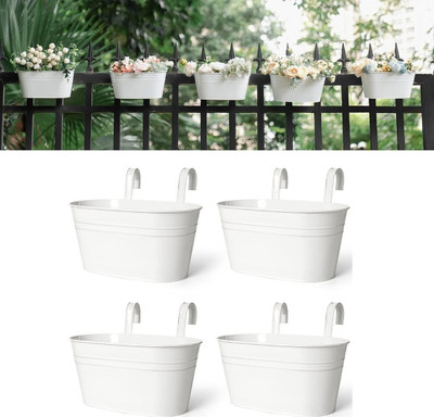 PRIME KRAFTS 12 INCH Anti Rust Railing Oval Planter for Balcony & Garden with Detachable Hook Plant Container Set(Pack of 4, Metal)